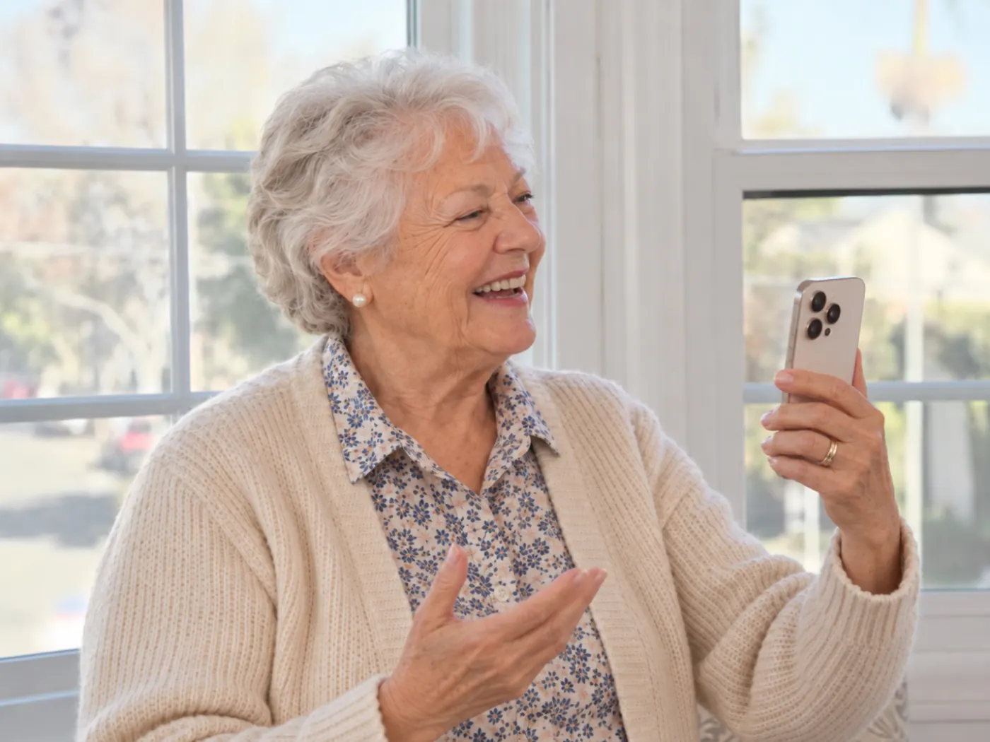 Une femme âgée sourit en parlant à son téléphone, devant une fenêtre.