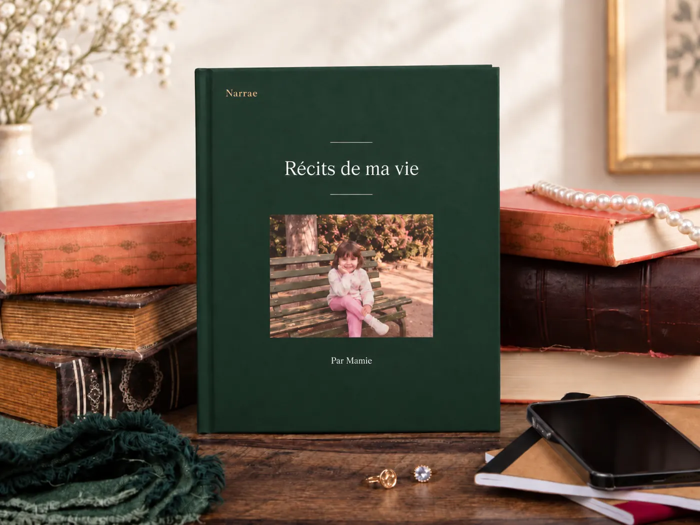 Le livre relié, debout sur un bureau parmi des livres anciens.