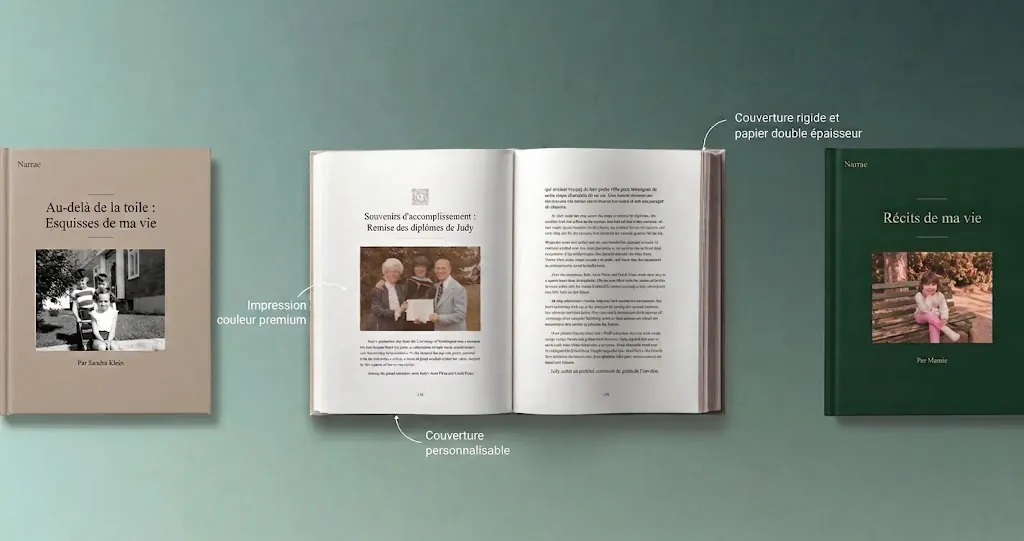 Trois livres Narrae : deux couvertures fermées, l’une crème, l’autre verte, et un exemplaire ouvert sur un chapitre illustré d’une photographie de famille.