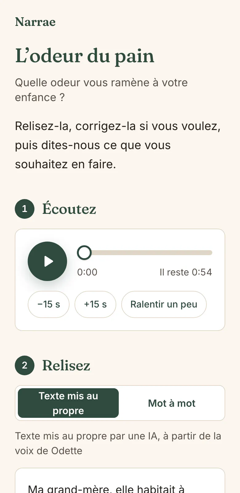 La page de relecture sur un téléphone : l’enregistrement à réécouter, puis le texte mis au propre et le mot à mot, l’un à côté de l’autre.